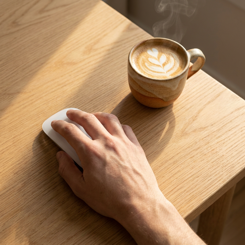 Hand on modern computer mouse next to coffee flatlay