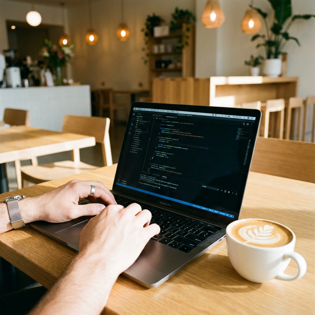 O.P.C. Student coding on a laptop with coffee